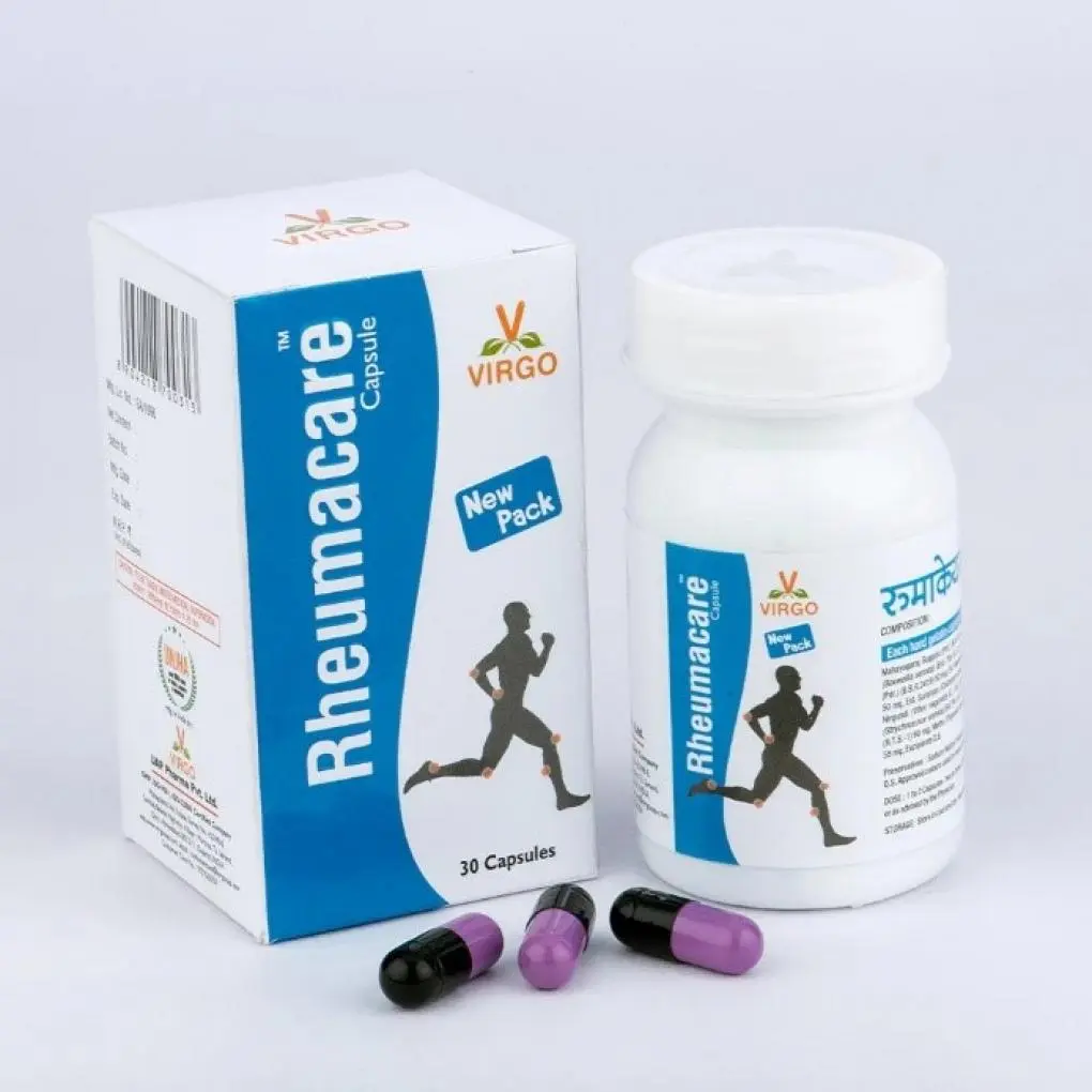 packaging for the rheumacare capsules with half-purple and half-black pills visible in front
