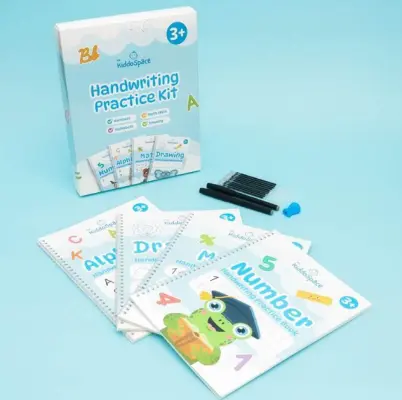 four small booklets, two pens and a box on a blue background, handwriting practice kit printed on the box