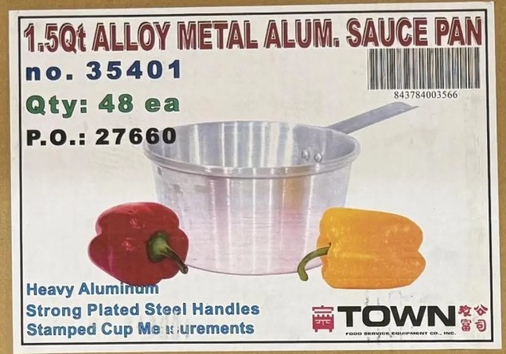 Advertisement for 1.5 quart alloy metal pan from Town Food Service, with aluminum pan pictured with two bell peppers